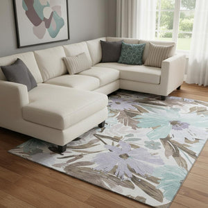 HomeRoots 8' Elegant Floral Washable Area Rug in Taupe, Blue & Lavender - Stain Resistant & UV Protected! 693976