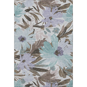 HomeRoots 8' Elegant Floral Washable Area Rug in Taupe, Blue & Lavender - Stain Resistant & UV Protected! 693976