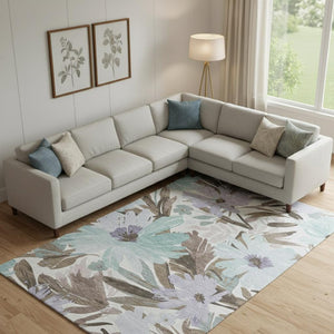 HomeRoots 9' X 12' Floral Washable Area Rug in Taupe, Blue & Lavender – UV Protected, Stain Resistant Design 693977
