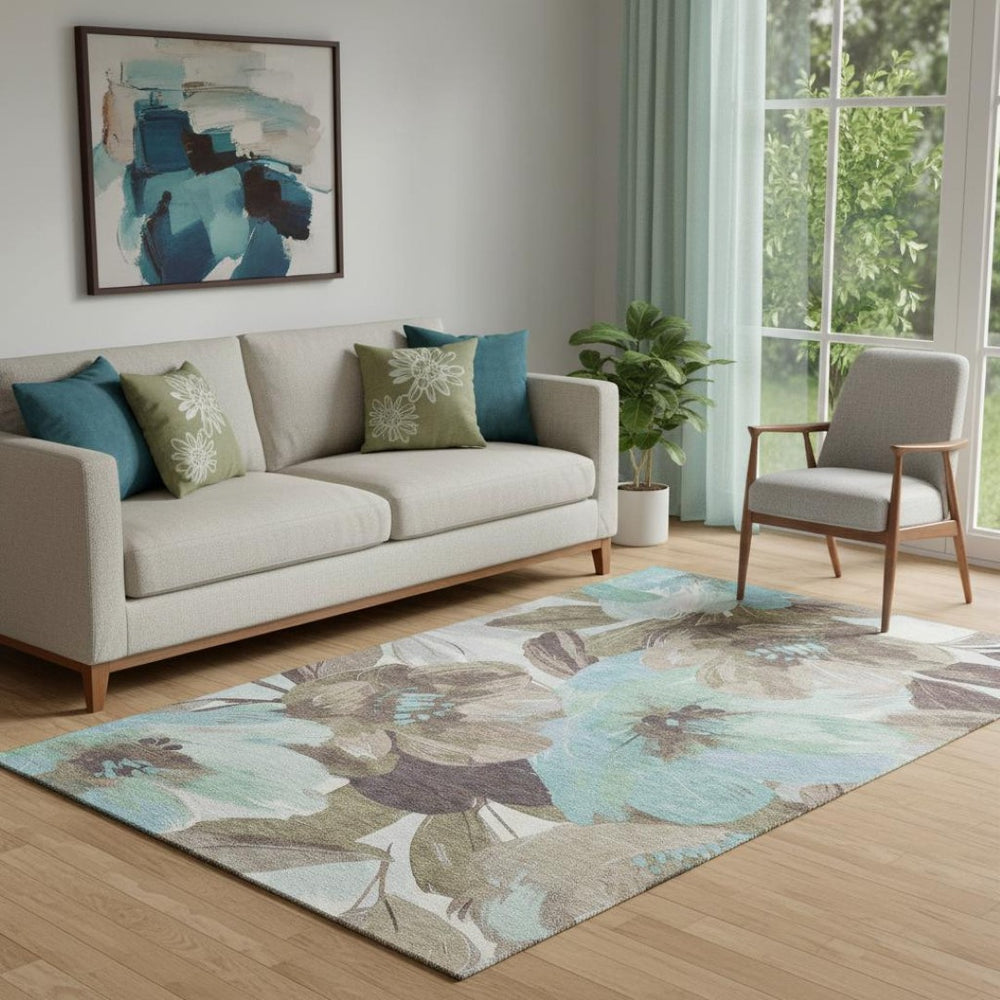 HomeRoots 5' X 8' Washable Khaki Teal Green Floral Area Rug with UV Protection - Durable, Stylish & Cozy! 693980