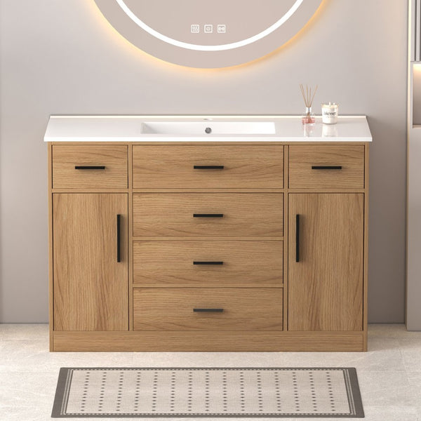 English Elm 48"dark Brown Vanity with 6 Drawers and Soft Close Doors for a Spa Bathroom Light Oak W3133S00026