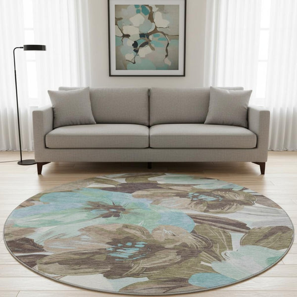 HomeRoots 8' Round Washable Floral Rug in Khaki, Teal & Green - UV Protected, Durable & Easy-Care Design 693981