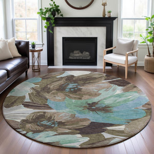 HomeRoots 8' Round Washable Floral Rug in Khaki, Teal & Green - UV Protected, Durable & Easy-Care Design 693981