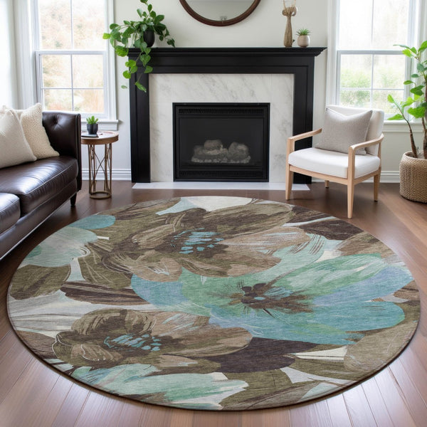 HomeRoots 8' Round Washable Floral Rug in Khaki, Teal & Green - UV Protected, Durable & Easy-Care Design 693981
