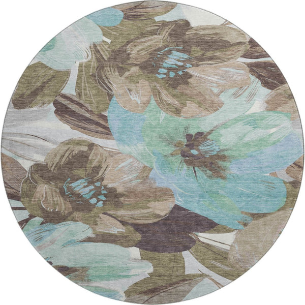 HomeRoots 8' Round Washable Floral Rug in Khaki, Teal & Green - UV Protected, Durable & Easy-Care Design 693981