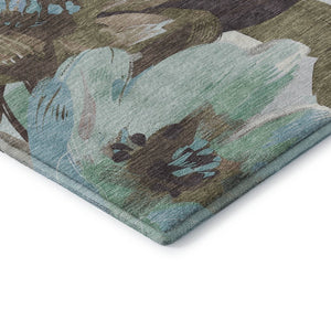 HomeRoots 8' Round Washable Floral Rug in Khaki, Teal & Green - UV Protected, Durable & Easy-Care Design 693981