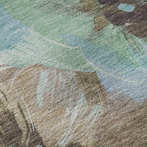 HomeRoots 8' Round Washable Floral Rug in Khaki, Teal & Green - UV Protected, Durable & Easy-Care Design 693981
