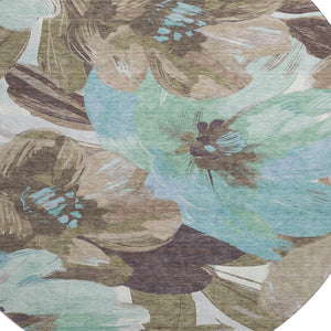 HomeRoots 8' Round Washable Floral Rug in Khaki, Teal & Green - UV Protected, Durable & Easy-Care Design 693981