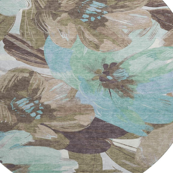 HomeRoots 8' Round Washable Floral Rug in Khaki, Teal & Green - UV Protected, Durable & Easy-Care Design 693981