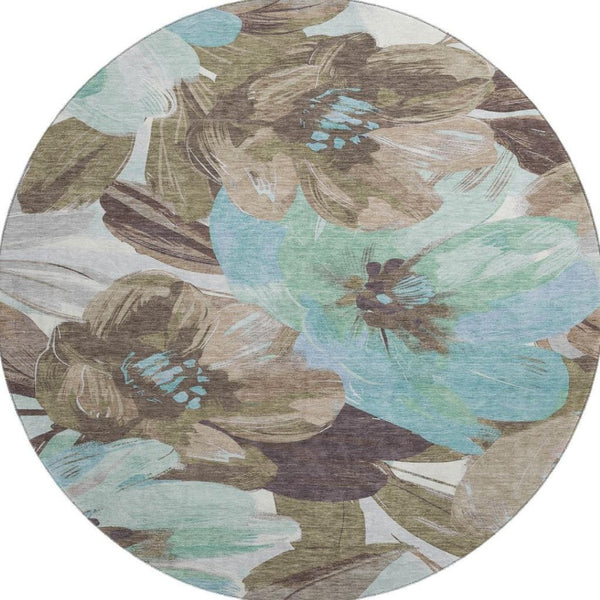 HomeRoots 8' Round Washable Floral Rug in Khaki, Teal & Green - UV Protected, Durable & Easy-Care Design 693981