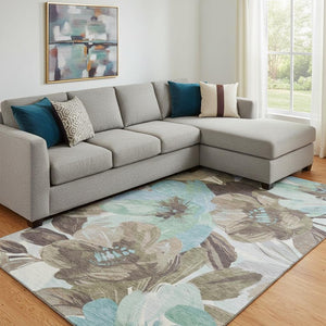 HomeRoots 8' Durable Floral Area Rug in Khaki, Teal & Green - Washable, UV Protected, Ideal for Homes with Kids & Pets 693982