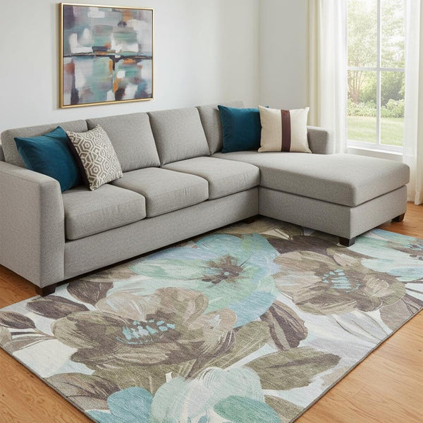 HomeRoots 8' Durable Floral Area Rug in Khaki, Teal & Green - Washable, UV Protected, Ideal for Homes with Kids & Pets 693982