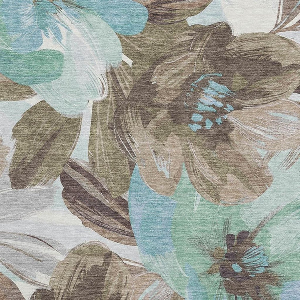HomeRoots 8' Durable Floral Area Rug in Khaki, Teal & Green - Washable, UV Protected, Ideal for Homes with Kids & Pets 693982