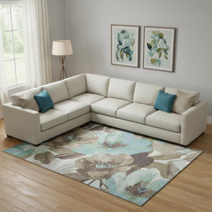 HomeRoots 9' X 12' Washable Floral Area Rug in Khaki, Teal & Green - Stain Resistant & UV Protected Comfort 693983