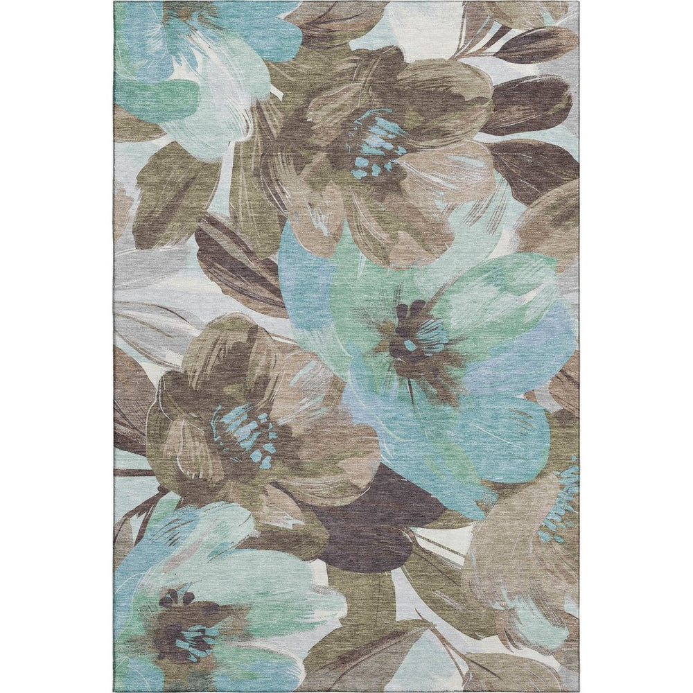 HomeRoots 9' X 12' Washable Floral Area Rug in Khaki, Teal & Green - Stain Resistant & UV Protected Comfort 693983