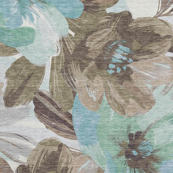 HomeRoots 9' X 12' Washable Floral Area Rug in Khaki, Teal & Green - Stain Resistant & UV Protected Comfort 693983
