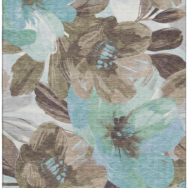 HomeRoots 9' X 12' Washable Floral Area Rug in Khaki, Teal & Green - Stain Resistant & UV Protected Comfort 693983
