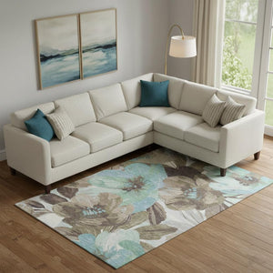 HomeRoots 10' X 14' Floral Washable Area Rug in Khaki, Teal & Green - UV Protection, Stain Resistant & Durable! 693984