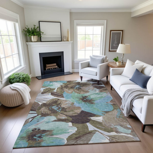HomeRoots 10' X 14' Floral Washable Area Rug in Khaki, Teal & Green - UV Protection, Stain Resistant & Durable! 693984