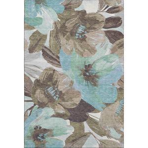 HomeRoots 10' X 14' Floral Washable Area Rug in Khaki, Teal & Green - UV Protection, Stain Resistant & Durable! 693984