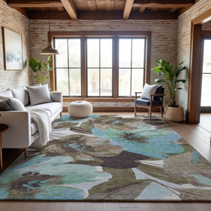 HomeRoots 10' X 14' Floral Washable Area Rug in Khaki, Teal & Green - UV Protection, Stain Resistant & Durable! 693984