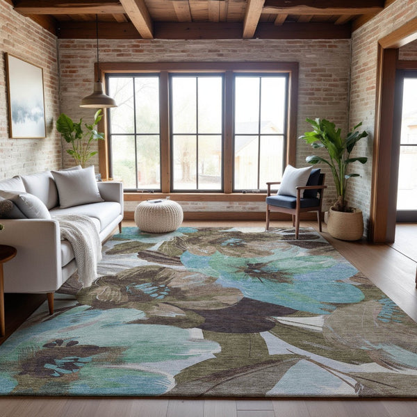 HomeRoots 10' X 14' Floral Washable Area Rug in Khaki, Teal & Green - UV Protection, Stain Resistant & Durable! 693984