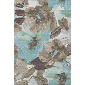 HomeRoots 10' X 14' Floral Washable Area Rug in Khaki, Teal & Green - UV Protection, Stain Resistant & Durable! 693984