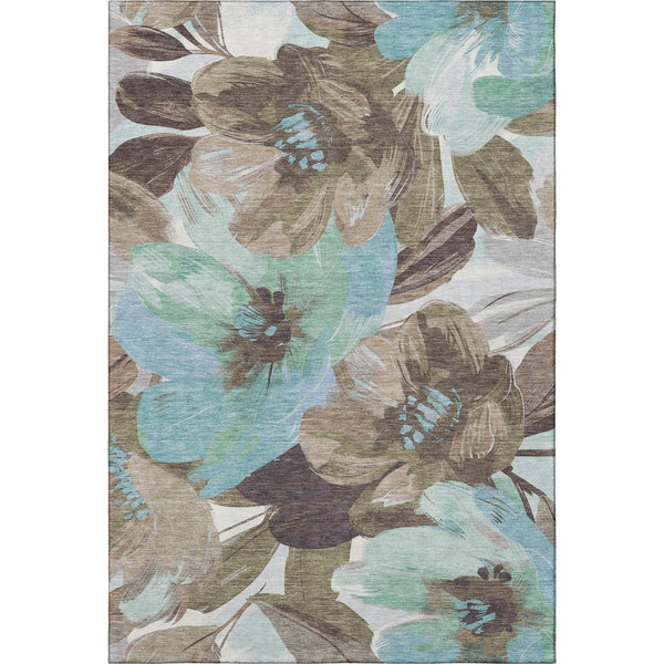 HomeRoots 10' X 14' Floral Washable Area Rug in Khaki, Teal & Green - UV Protection, Stain Resistant & Durable! 693984