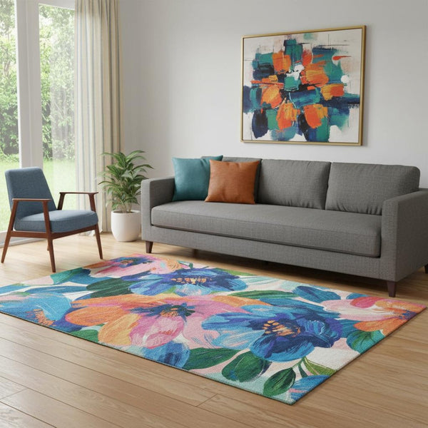 HomeRoots 5' X 8' Washable Floral Area Rug in Navy, Orange & Pink – UV Protected, Durable & Stylish Décor Piece 693986