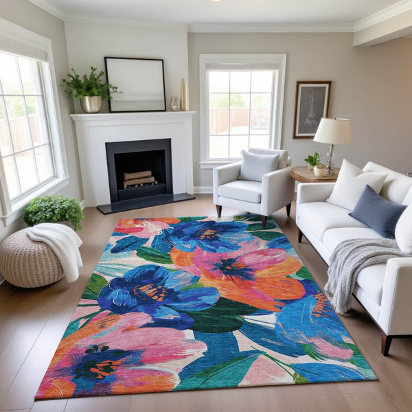 HomeRoots 5' X 8' Washable Floral Area Rug in Navy, Orange & Pink – UV Protected, Durable & Stylish Décor Piece 693986
