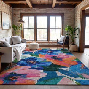 HomeRoots 5' X 8' Washable Floral Area Rug in Navy, Orange & Pink – UV Protected, Durable & Stylish Décor Piece 693986