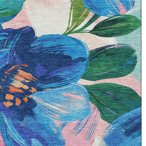 HomeRoots 5' X 8' Washable Floral Area Rug in Navy, Orange & Pink – UV Protected, Durable & Stylish Décor Piece 693986