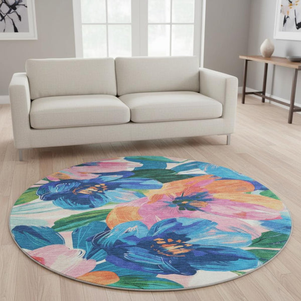 HomeRoots 8' Round Washable Rug in Navy Blue with Orange & Pink Floral Design - Stain-Resistant & UV Protected 693987