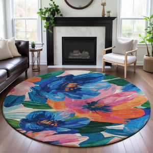 HomeRoots 8' Round Washable Rug in Navy Blue with Orange & Pink Floral Design - Stain-Resistant & UV Protected 693987