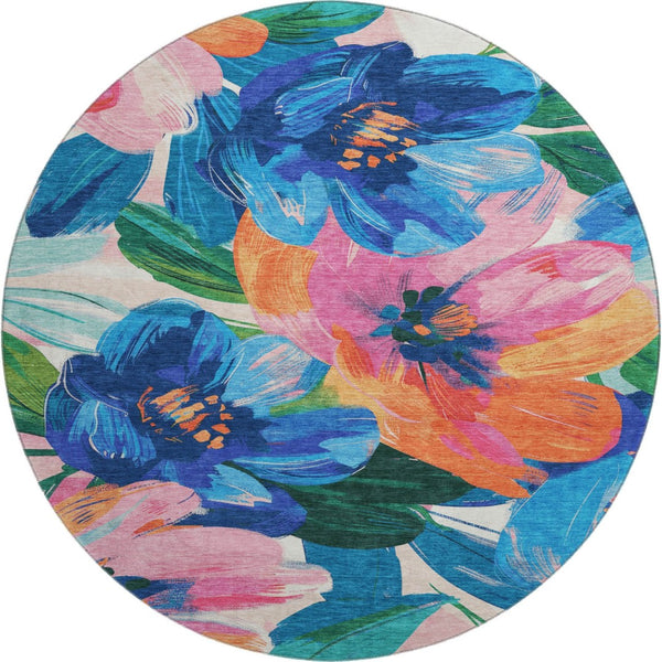 HomeRoots 8' Round Washable Rug in Navy Blue with Orange & Pink Floral Design - Stain-Resistant & UV Protected 693987