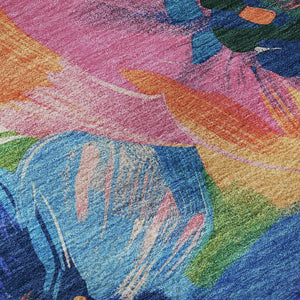 HomeRoots 8' Round Washable Rug in Navy Blue with Orange & Pink Floral Design - Stain-Resistant & UV Protected 693987
