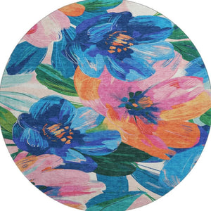 HomeRoots 8' Round Washable Rug in Navy Blue with Orange & Pink Floral Design - Stain-Resistant & UV Protected 693987
