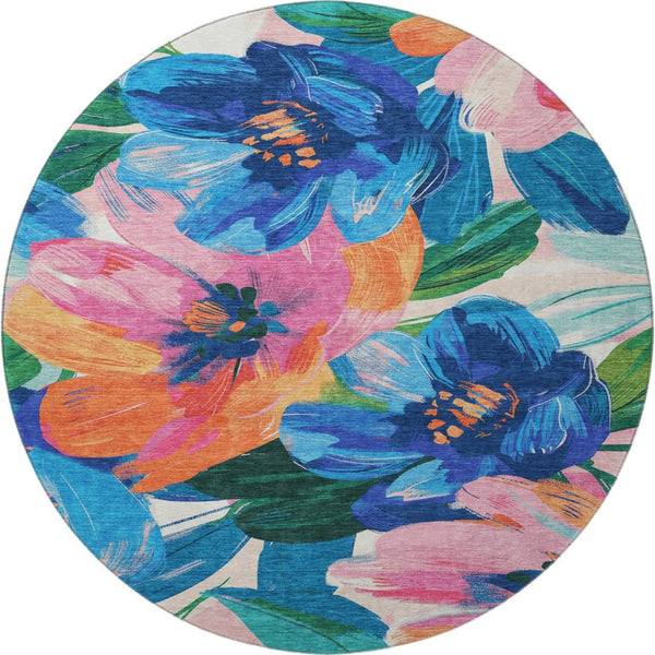 HomeRoots 8' Round Washable Rug in Navy Blue with Orange & Pink Floral Design - Stain-Resistant & UV Protected 693987