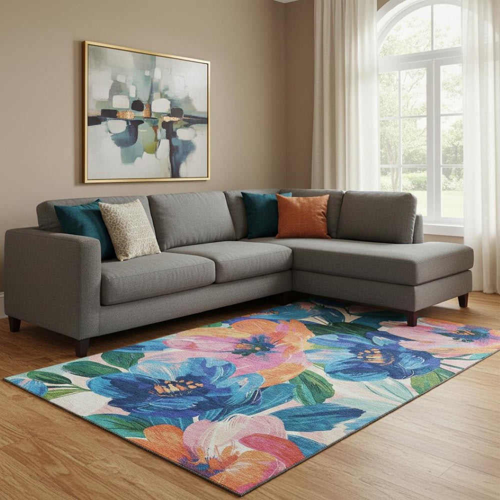 HomeRoots 8' Vibrant Floral Washable Area Rug in Navy Blue with UV Protection and Non-Slip Backing for Durability 693988
