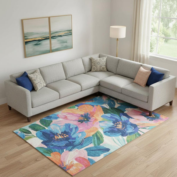 HomeRoots 9' X 12' Floral Area Rug in Navy, Orange & Pink – Washable, UV Protected & Non-Slip for Homes 693989