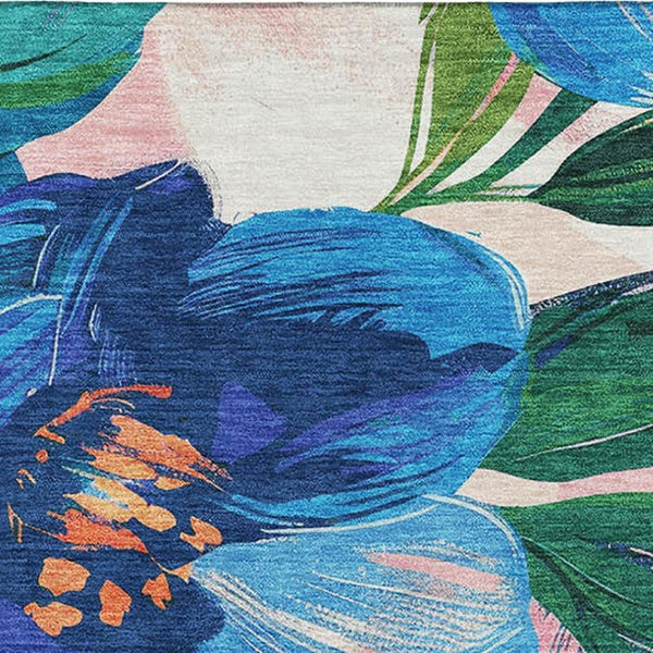 HomeRoots 9' X 12' Floral Area Rug in Navy, Orange & Pink – Washable, UV Protected & Non-Slip for Homes 693989