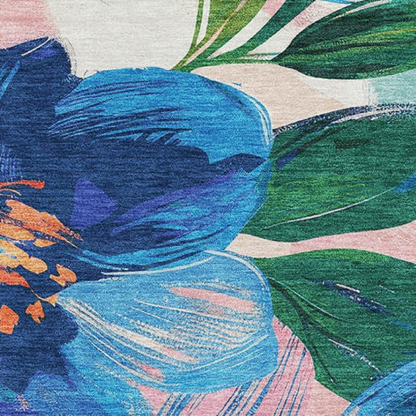 HomeRoots 10' Navy Blue Floral Washable Area Rug with Orange & Pink Accents—UV Protection & Stain Resistant! 693990