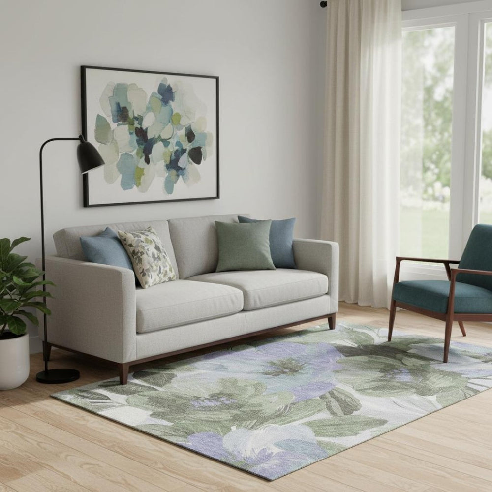 HomeRoots 5' X 8' Floral Washable Area Rug in Olive Green, Ivory & Lavender – UV Protected, Pet-Friendly Design 693992