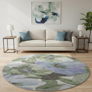 HomeRoots 8' Round Floral Area Rug in Olive Green, Ivory & Lavender - Washable, UV Protected, Non-Slip Design 693993
