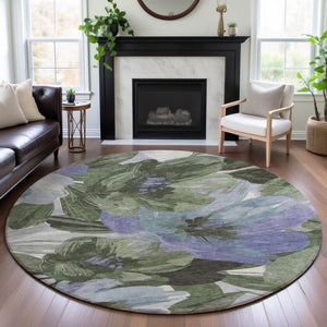 HomeRoots 8' Round Floral Area Rug in Olive Green, Ivory & Lavender - Washable, UV Protected, Non-Slip Design 693993