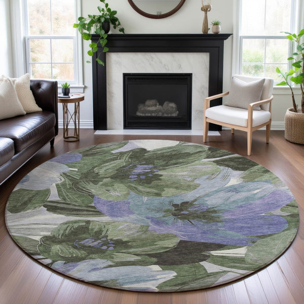 HomeRoots 8' Round Floral Area Rug in Olive Green, Ivory & Lavender - Washable, UV Protected, Non-Slip Design 693993