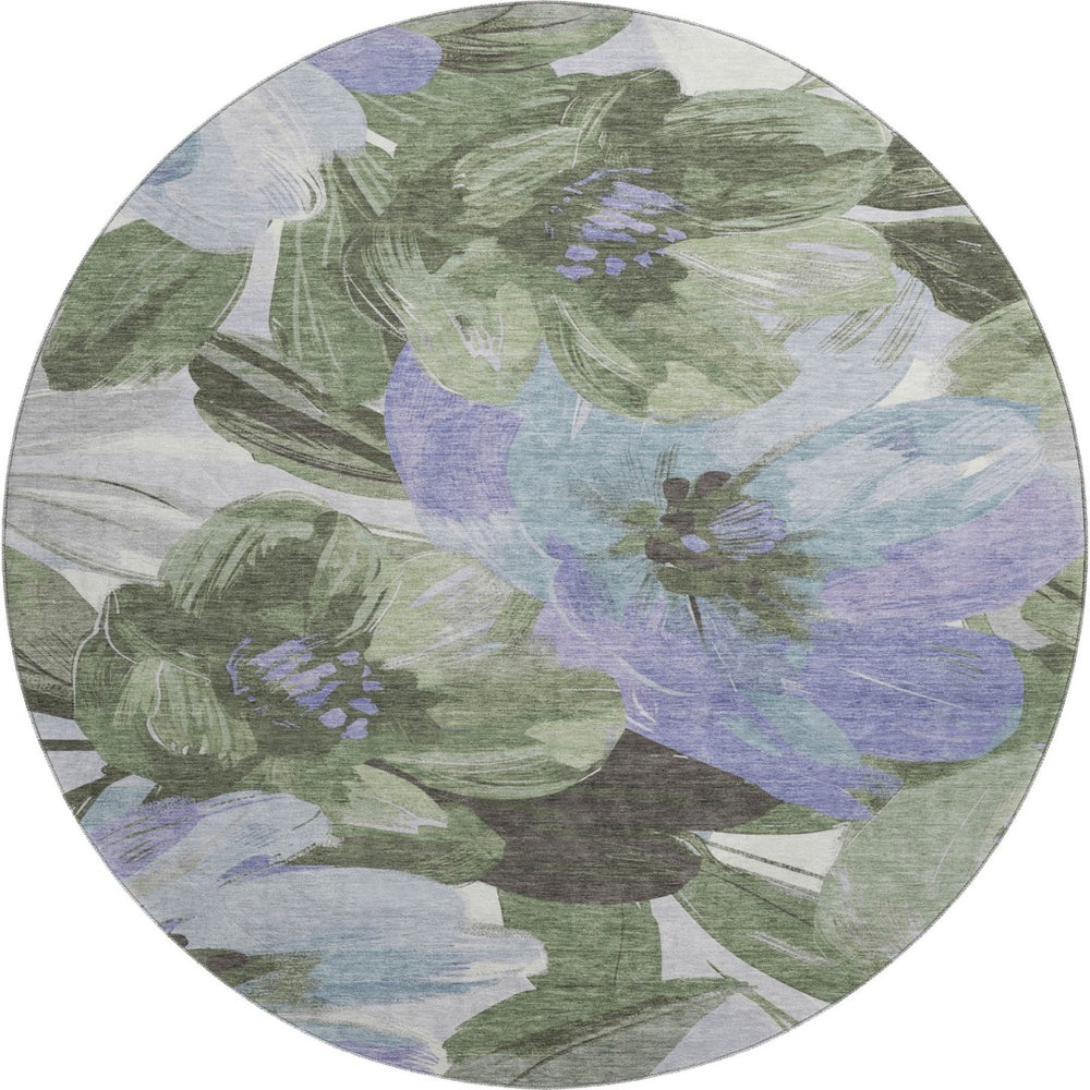 HomeRoots 8' Round Floral Area Rug in Olive Green, Ivory & Lavender - Washable, UV Protected, Non-Slip Design 693993