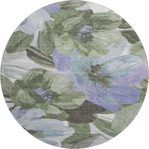 HomeRoots 8' Round Floral Area Rug in Olive Green, Ivory & Lavender - Washable, UV Protected, Non-Slip Design 693993
