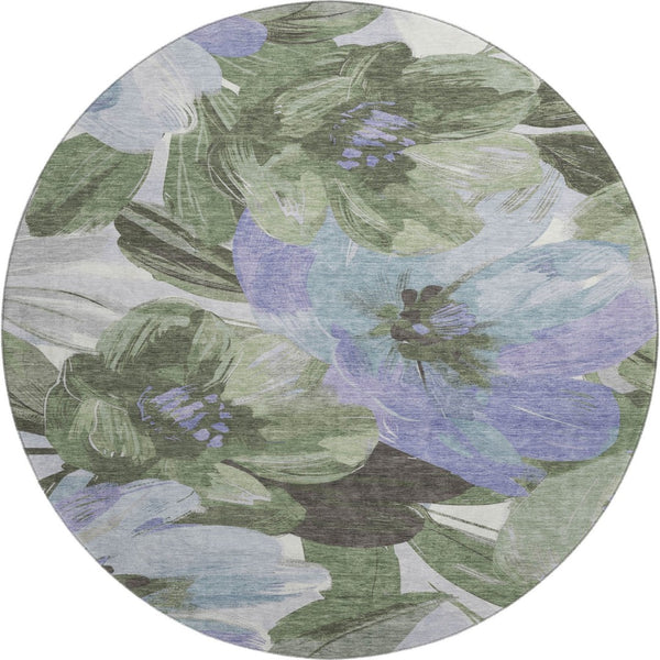 HomeRoots 8' Round Floral Area Rug in Olive Green, Ivory & Lavender - Washable, UV Protected, Non-Slip Design 693993