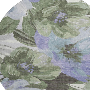 HomeRoots 8' Round Floral Area Rug in Olive Green, Ivory & Lavender - Washable, UV Protected, Non-Slip Design 693993